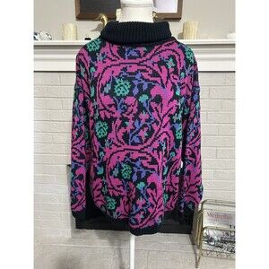 Vintage 90s Encore Sweater Large Bold Neon Pink Abstract Knit Turtleneck